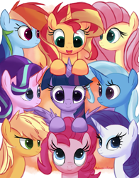 Size: 837x1067 | Tagged: safe, artist:molochko-persik, derpibooru import, applejack, fluttershy, pinkie pie, rainbow dash, rarity, starlight glimmer, sunset shimmer, trixie, twilight sparkle, twilight sparkle (alicorn), alicorn, earth pony, pegasus, pony, unicorn, alternate mane seven, counterparts, magical quartet, magical quintet, magical trio, mane nine, mane six, twilight's counterparts