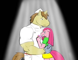 Size: 990x765 | Tagged: safe, artist:caseyljones, donut joe, pinkie pie, anthro, earth pony, unicorn, crying, female, male, muscles, pinkamena diane pie, pinkiejoe, shipping, straight