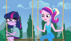 Size: 1280x738 | Tagged: safe, artist:yunyin, princess cadance, sci-twi, twilight sparkle, a canterlot wedding, equestria girls, adorkable, clothes, cute, dork, equestria girls interpretation, equestria girls-ified, glasses, scene interpretation, swing, tanktop, teen princess cadance, twiabetes, younger