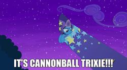 Size: 1247x695 | Tagged: safe, derpibooru import, screencap, trixie, pony, unicorn, no second prances, cannon, cannonball, cannonball trixie, discovery family logo, female, mare, meme, moonshot manticore mouth dive, old man jenkins, spongebob squarepants, the sponge who could fly, trixie's cannon