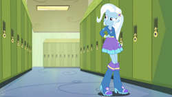 Size: 1920x1080 | Tagged: safe, derpibooru import, edit, editor:astroboy84, trixie, equestria girls, canterlot high, clothes, lockers, school, skirt, solo, vector