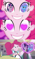 Size: 1280x2160 | Tagged: safe, derpibooru import, edit, edited screencap, screencap, pinkie pie, trixie, twilight sparkle, twilight sparkle (alicorn), alicorn, coinky-dink world, eqg summertime shorts, equestria girls, no second prances, female, heart eyes, lesbian, meme, pinkie's eyes, shipping, twixie, wingding eyes