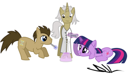 Size: 900x528 | Tagged: safe, artist:sintakhra, doctor whooves, twilight sparkle, back to the future, crossover, doc brown, ponified, sonic screwdriver, test tube