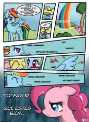 Size: 762x1048 | Tagged: safe, artist:nnxmnd, artist:speccysy, fluttershy, pinkie pie, rainbow dash, earth pony, pegasus, pony, comic:sight for really sore eyes, crying, sad, spanish, translation