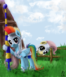 Size: 1200x1400 | Tagged: safe, artist:rainbowgambler, fluttershy, rainbow dash, pegasus, pony, armor, jousting, lance, weapon