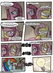 Size: 762x1048 | Tagged: safe, artist:nnxmnd, artist:speccysy, fluttershy, pinkie pie, rainbow dash, earth pony, pegasus, pony, comic:sight for really sore eyes, bandage, crying, pinkamena diane pie, sad, spanish, translation