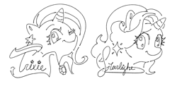 Size: 2460x1205 | Tagged: safe, artist:chapaghettii, derpibooru import, starlight glimmer, trixie, pony, unicorn, monochrome, one eye closed, smiling, wink