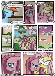 Size: 762x1048 | Tagged: safe, artist:nnxmnd, artist:speccysy, fluttershy, pinkie pie, rainbow dash, earth pony, pegasus, pony, comic:sight for really sore eyes, bandage, pinkamena diane pie, spanish, translation