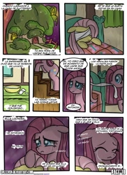 Size: 762x1048 | Tagged: safe, artist:nnxmnd, artist:speccysy, fluttershy, pinkie pie, earth pony, pegasus, pony, comic:sight for really sore eyes, bandage, crying, pinkamena diane pie, sad, spanish, translation