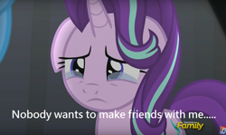 Size: 1074x640 | Tagged: safe, derpibooru import, edit, edited screencap, screencap, rainbow dash, starlight glimmer, trixie, pegasus, pony, unicorn, no second prances, bronybait, crying, discovery family logo, female, mare, sad, solo focus, teary eyes, text, woobie