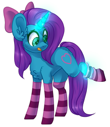 Size: 1205x1385 | Tagged: safe, artist:trickate, oc, oc only, oc:chigs, pony, unicorn, bow, chest fluff, clothes, commission, female, hair bow, heart eyes, mare, simple background, socks, solo, stockings, striped socks, thigh highs, tongue out, transparent background, wingding eyes