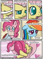 Size: 762x1048 | Tagged: safe, artist:nnxmnd, artist:speccysy, fluttershy, pinkie pie, rainbow dash, earth pony, pegasus, pony, comic:sight for really sore eyes, crying, cute, female, flutterpie, lesbian, shipping, shyabetes, spanish, tears of joy, translation