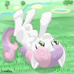 Size: 2500x2500 | Tagged: safe, artist:sintakhra, sweetie belle, on back, solo, unshorn fetlocks