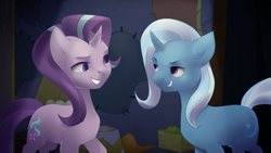 Size: 1600x900 | Tagged: dead source, safe, artist:honeyapplecake, derpibooru import, starlight glimmer, trixie, pony, unicorn, no second prances, counterparts, female, looking at each other, mare, smiling, twilight's counterparts