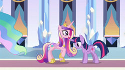 Size: 1366x768 | Tagged: safe, screencap, princess cadance, twilight sparkle, twilight sparkle (alicorn), alicorn, equestria girls, princess celestia's hair