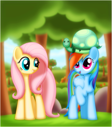 Size: 823x930 | Tagged: safe, artist:ctb-36, fluttershy, rainbow dash, tank, pegasus, pony, duo, duo female, female, grass, looking up, mare, open mouth, outdoors, raised hoof, rock, sky, smiling, standing, tree, wings