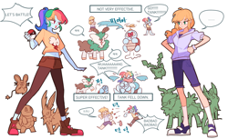 Size: 1280x784 | Tagged: safe, artist:dusty-munji, applejack, rainbow dash, human, belly button, clothes, converse, crossover, dedenne, hoppip, humanized, jolteon, leafeon, midriff, parody, pokémon, pony coloring, shoes, skiddo, sneakers, squirtle