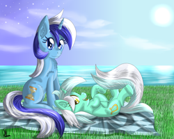 Size: 1250x1000 | Tagged: safe, artist:sintakhra, lyra heartstrings, minuette, pony, unicorn, duo, duo female, female, horn, mare, picnic blanket