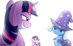 Size: 1700x1080 | Tagged: safe, artist:phuocthiencreation, derpibooru import, starlight glimmer, trixie, twilight sparkle, twilight sparkle (alicorn), alicorn, pony, no second prances, cape, clothes, counterparts, cross-popping veins, dat face, dreamworks face, female, hat, looking at each other, magical trio, mare, rapeface, scene interpretation, simple background, smug, smuglight sparkle, twilight's counterparts, white background, wizard hat