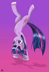 Size: 1905x2791 | Tagged: safe, artist:sintakhra, twilight sparkle, ear fluff, fluffy, handstand, smiling, solo, unshorn fetlocks, upside down