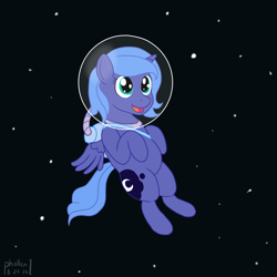 Size: 1200x1200 | Tagged: safe, artist:phallen1, princess luna, alicorn, pony, air tank, filly, floating, newbie artist training grounds, solo, space, space helmet, stars, woona