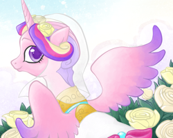 Size: 1024x819 | Tagged: safe, artist:littlebuster-k2, princess cadance, alicorn, pony, clothes, dress, looking back, solo, spread wings, veil, wedding dress