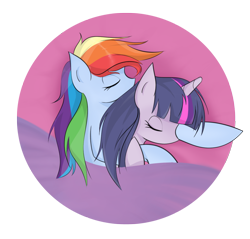 Size: 1048x1000 | Tagged: safe, artist:v-invidia, rainbow dash, twilight sparkle, pegasus, pony, unicorn, bed, blanket, cuddling, eyes closed, female, mare, shipping, simple background, sleeping, sleeping together, snuggling, transparent background, twidash