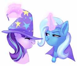 Size: 1600x1372 | Tagged: safe, artist:whisperseas, derpibooru import, starlight glimmer, trixie, pony, unicorn, no second prances, accessory swap, bust, duo, eyes closed, female, lidded eyes, magic, mare, portrait, simple background, telekinesis, watermark