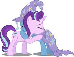 Size: 1285x1000 | Tagged: safe, artist:seahawk270, derpibooru import, starlight glimmer, trixie, pony, unicorn, no second prances, cape, clothes, eyes closed, female, hat, hug, mare, simple background, torn clothes, transparent background, vector, wizard hat