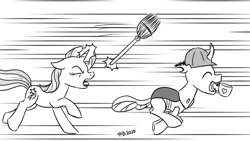 Size: 1200x675 | Tagged: safe, artist:pony-berserker, derpibooru import, part of a set, trixie, oc, oc:berzie, changedling, changeling, pony, unicorn, pony-berserker's twitter sketches, broom, chase, cup, eyes closed, glowing horn, hard hat, horn, magic, monochrome, motion lines, mouth hold, open mouth, running, stealing, stippling, teacup, telekinesis, thief