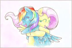 Size: 800x536 | Tagged: safe, artist:flutterdashwhore, fluttershy, rainbow dash, pegasus, pony, eyes closed, flowing mane, happy, hug, simple background