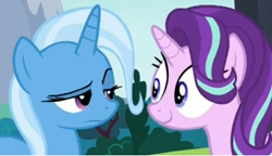 Size: 405x233 | Tagged: safe, derpibooru import, screencap, starlight glimmer, trixie, pony, unicorn, no second prances, faic, female, lidded eyes, looking at each other, mare, meme, raised eyebrow, smiling, special eyes