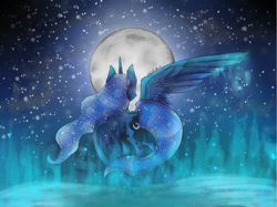 Size: 1601x1200 | Tagged: safe, artist:smallspark, princess luna, alicorn, pony, moon, night, solo, spread wings, stars, water