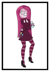 Size: 700x1000 | Tagged: safe, artist:zlashii, pinkie pie, equestria girls, clothes, cup, dress, high heels, pinkamena diane pie, shoes, socks, solo, striped socks, thigh highs