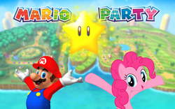 Size: 3000x1875 | Tagged: safe, artist:elbruno3593, pinkie pie, earth pony, pony, blue space, crossover, exploitable meme, happening space, make it happen, mario, mario party, meta, mini stars, mini ztars, stars, super mario bros., toad house, wallpaper, windmill