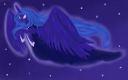 Size: 1280x800 | Tagged: safe, artist:thundersolar, princess luna, alicorn, pony, flying, glowing eyes, large wings, solo, stars