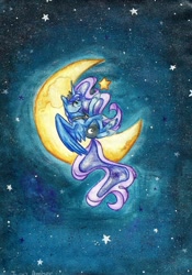 Size: 1024x1463 | Tagged: safe, artist:twixyamber, princess luna, alicorn, pony, moon, solo, stars, tangible heavenly object, traditional art