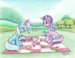 Size: 2467x1937 | Tagged: safe, artist:serenepony, derpibooru import, starlight glimmer, trixie, pony, unicorn, student counsel, basket, bracelet, cup, dialogue, female, food, jewelry, kettle, looking at each other, magic, mare, picnic, picnic basket, picnic blanket, teacup, teapot, traditional art, tree