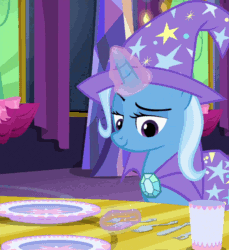 Size: 594x648 | Tagged: safe, derpibooru import, screencap, trixie, pony, unicorn, no second prances, animated, cloak, clothes, cropped, cup, female, fork, hat, knife, magic, mare, plate, ribbon, silverware, smiling, smirk, solo, table, telekinesis, trixie's cape, trixie's hat, twilight's castle
