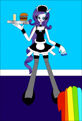 Size: 1573x2312 | Tagged: safe, artist:dykroon-chan, rarity, equestria girls, 1000 hours in ms paint, apron, burger, clothes, fishnet stockings, food, hamburger, maid, maid headdress, ms paint, nail polish, ponied up, solo, stockings, thigh highs, tray