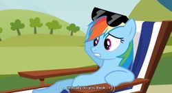 Size: 639x348 | Tagged: safe, screencap, rainbow dash, pegasus, pony, too many pinkie pies, beach chair, sunglasses, youtube caption