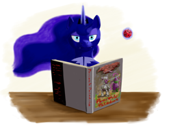 Size: 3200x2400 | Tagged: safe, artist:lemon-bitter-twist, princess luna, alicorn, pony, cute little fangs, d20, dungeon master, fangs, looking at you, magic, newbie artist training grounds, smiling, smirk, solo, telekinesis, this will end in tears