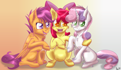 Size: 2000x1159 | Tagged: safe, artist:sintakhra, apple bloom, scootaloo, sweetie belle, earth pony, pegasus, pony, unicorn, colored pupils, cutie mark crusaders, female, filly, gradient background, sitting, unshorn fetlocks