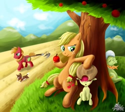 Size: 1223x1102 | Tagged: safe, artist:otlstory, apple bloom, applejack, big macintosh, granny smith, winona, earth pony, pony, apple family, male, stallion