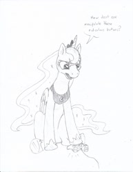 Size: 893x1155 | Tagged: safe, artist:friendshipishorses, princess luna, alicorn, pony, controller, gamer luna, monochrome, solo