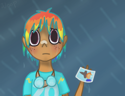 Size: 650x500 | Tagged: safe, artist:woop-de-de-doo, rainbow dash, clothes, female, humanized, multicolored hair, simple background