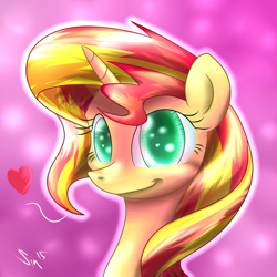 Size: 2000x2000 | Tagged: safe, artist:sintakhra, sunset shimmer, pony, unicorn, bust, heart, ponified, portrait, solo, wingding eyes