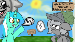 Size: 1920x1080 | Tagged: safe, artist:black stallion, artist:narmet, lyra heartstrings, princess luna, alicorn, pony, collaboration, filly, hat, moonstuck, pony town, spanish, woona