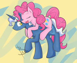 Size: 1944x1584 | Tagged: safe, artist:blackswhites, pinkie pie, pokey pierce, earth pony, pony, unicorn, carrying, female, male, pokeypie, ponies riding ponies, shipping, straight