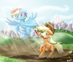 Size: 1500x1285 | Tagged: safe, artist:sintakhra, applejack, rainbow dash, earth pony, pegasus, pony, dirt road, hill, mountain, mouth hold, tail pull